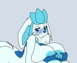 anthro areola big_breasts blue_eyes blue_fur blue_nose blush breasts eeveelution female fur glaceon huge_breasts knavesaga light_blue_fur nintendo nipple_grab nipples pokémon_(species) pokemon sad solo video_games