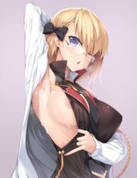 1girls areola_slip areolae arm_up armpit_fetish armpits azur_lane bare_shoulders blonde_hair blue_eyes blush bow breasts cum cum_on_armpit female female_only glasses hairbow iron_blood_(azur_lane) large_breasts light-skinned_female light_skin looking_at_viewer nakano_sora one_eye_closed open_mouth short_hair sideboob solo teacher z23_(azur_lane) z23_(philosophy_sensei)_(azur_lane)