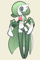 beige_background dress_lift female flat_chest full_body gardevoir green_eyes green_hair green_legwear green_panties hair_over_one_eye hands_up highres itsunknownanon lifted_by_self looking_down no_breasts no_humans panties pokémon_(species) pokemon pokemon_(species) pokemon_rse short_hair simple_background smile solo standing thigh_gap thighhighs underwear