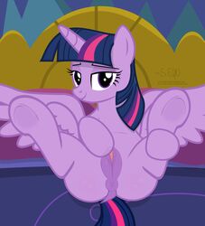 2017 absurd_res alicorn animal_genitalia animal_pussy anus ass bed bedroom bedroom_eyes clitoris dock equine equine_pussy eyebrows eyelashes feathered_wings feathers female friendship_is_magic hair half-closed_eyes hi_res horn inside looking_at_viewer lying mammal multicolored_hair my_little_pony on_back pillow presenting presenting_pussy purple_eyes pussy pussy_juice seductive shutterflyeqd smile solo spread_legs spread_wings spreading twilight_sparkle_(mlp) wings