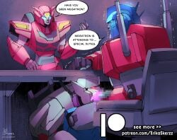 blowjob censored cum_in_mouth elita_one erikaskerzz male megatron nickelodeon optimus_prime paramount_pictures penis robot shaking transformers transformers_earthspark under_the_table yaoi