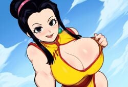 ai_generated areola_slip black_hair chichi chinese_clothes cleavage dragon_ball dragon_ball_super dragon_ball_z female mature_female milf mullon novelai single_hair_bun smile top_pull