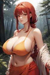 1girls ai_generated big_breasts braided_ponytail chainsaw_man forest forest_background ghost141000 harem_outfit large_breasts light-skinned_female light_skin looking_at_viewer mature mature_female midriff navel orange_eyes orange_hair saree sari standing trees