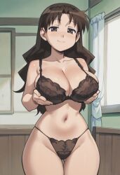 1girls ai_generated azumanga_daiou big_breasts bra breast_grab brown_bra brown_eyes brown_hair brown_panties busty female female_only gastkeser82 grabbing_own_breast hourglass_figure huge_breasts large_breasts long_hair looking_at_viewer navel panties parted_bangs slim_waist solo teacher thong wide_hips yukari_tanizaki