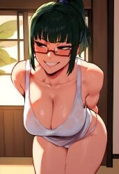 ai_generated big_breasts blush fit_female huge_breasts jujutsu_kaisen leaning_forward mommy naughty_face rusher_ai_art shiny_skin smirk smirking sweat sweatdrop sweating sweaty sweaty_body sweaty_breasts teasing thiccwithaq_(ai_style) tomboy zenin_maki