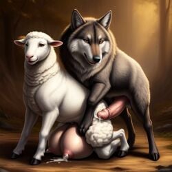 after_sex ai_generated big_crotchboobs busty_feral canid caught_in_the_act crotchboobs cum cum_drip feral fluffy frosting.ai hooves huge_breasts interspecies lactation looking_at_viewer sheep wolf