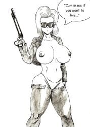 1girls android_18 black_and_white breasts dragon_ball dragon_ball_z leather_jacket revealing_breasts shotgun solo_female sunglasses terminator thewritefiction thong tinted_eyewear