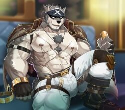 abs another_eidos_of_dragon_vein_r anthro canine full_house_(anothereidos_r) fullhouse fur grausummon headband male male_focus male_only mammal multicolored_body muscular muscular_anthro muscular_male nipples omame solo solo_male wolf