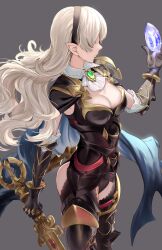 1girls alternate_costume armor armored_leotard ascot ass bare_thighs big_ass black_armor black_gloves black_hairband black_panties blue_cape breasts brooch cape cleavage closed_mouth corrin_(female)_(fire_emblem) corrin_(female)_(nohr_noble)_(fire_emblem) corrin_(fire_emblem) dragonstone female female_only fire_emblem fire_emblem_fates fire_emblem_heroes floating_hair gloves grey_background grey_hair hairband haru_(nakajou-28) highres holding holding_sword holding_weapon inner_thighs jewelry leotard long_hair medium_breasts nintendo official_alternate_costume pointy_ears profile simple_background solo sword thighs wavy_hair weapon white_ascot yato_(fire_emblem)