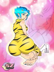 1girls ass ass_focus blue_eyes blue_hair breasts chinese_dress curvy dress feet female high_heels hips horns looking_at_viewer lum's_mother makeup mature_female milf oni pointy_ears short_hair sitting smirk szeroart tagme tiger_print tiger_stripes turquoise_hair urusei_yatsura