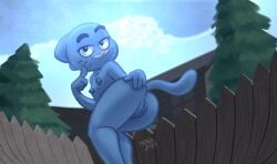 ass blue_body blue_skin cartoon_network domestic_cat felid feline felis female flat_chested genitals looking_at_viewer mammal nicole_watterson nipples presenting presenting_pussy pussy smil smile solo tail the_amazing_world_of_gumball tvma