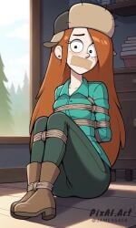 ai_generated arms_tied_behind_back black_eyes bondage bound_ankles bound_legs disney gag gagged gravity_falls hat orange_hair sitting_on_floor tape_gag wendy_corduroy