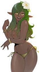 1girls breasts brown_eyes cheshirrr dark-skinned_female female female_only green_hair long_hair looking_at_viewer nipples nude pubic_hair sadida solo topless wakfu yellow_eyes