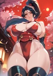 2d ai_generated big_breasts bikini_top black_hair dead_or_alive elbow_gloves leotard momiji_(ninja_gaiden) mommy ninja ninja_gaiden ponytail sakura_tree smile solo solo_female solo_focus tagme thigh_boots