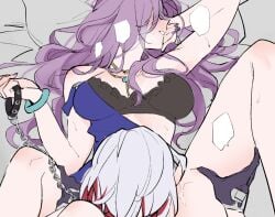 2girls bare_arms black_bra black_gloves blank_speech_bubble blush bra breasts chain_leash chains collar cunnilingus deep_skin gloves hand_on_another's_thigh holding holding_leash honkai:_star_rail honkai_(series) jade_(honkai:_star_rail) large_breasts leash long_hair multicolored_hair multiple_girls oral parted_lips purple_hair purple_nails pussy_juice red_hair rekka short_hair speech_bubble streaked_hair topaz_(honkai:_star_rail) underwear white_hair yuri