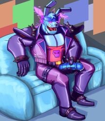 animatronic anthro artist_request beard beard_stubble biceps blue_body bunny bunny_boy five_nights_at_freddy's five_nights_at_freddy's:_security_breach glamrock_bonnie_(fnaf) glitchtrap handjob head_band jerkingoff lagomorph lagomorph_humanoid leather leather_boots leather_clothing leather_gloves leather_jacket looking_at_viewer looking_pleasured machine male_focus male_only mind_control non_human possessed possession precum precum_drip precum_on_penis presenting presenting_penis red_eyes robot robot_humanoid robot_penis scottgames sitting solo solo_male spiked_bracelet steel_wool_studios the_mimic_(fnaf) two_tone_body