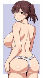 ao_banana ass ass_cleavage asymmetrical_hair back blush breasts brown_eyes brown_hair butt_crack female from_behind fundoshi high_resolution kaga_(kantai_collection) kantai_collection large_breasts looking_at_viewer looking_back ponytail posterior_cleavage short_hair side_ponytail sideboob simple_background solo tied_hair topless two-tone_background underwear wafuku