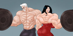 abs archie_comics ass biceps black_hair bulge evil_grin extreme_muscles father_and_daughter glasses hiram_lodge huge_breasts hyper_muscles moustache muscles muscular_butt muscular_female muscular_male shirtless thick_neck tight_clothing veins veiny_muscles veronica_lodge weightlifting white_hair