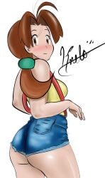 1girls 2d 2d_(artwork) artist_signature ass average_breasts blue_shorts blush brown_eyes brown_hair creatures_(company) curvy_figure delia_ketchum_(pokemon) denim denim_shorts game_freak knelo_grasoso looking_at_viewer looking_back mature_female misty_(pokemon)_(cosplay) overalls pokemon pokemon_(anime) shirt shorts signature simple_background tank_top thick_ass thick_thighs tied_hair white_background yellow_shirt