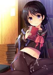 arm_support bangs black_hair black_legwear black_serafuku blush book book_stack bookshelf closed_mouth crotch_seam cum cum_on_clothes eyebrows_visible_through_hair female frown highres holding holding_book indoors long_hair long_sleeves looking_at_viewer low_twintails navel neckerchief no_pants on_floor original panties panties_under_pantyhose pantyhose purple_eyes raised_eyebrows reclining red_neckwear school_uniform serafuku short_hair short_twintails solo swept_bangs tamakake tareme tearing_up tears twintails underwear white_panties wooden_floor