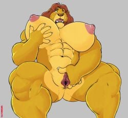 abs andromorph anthro anus areola big_muscles big_pecs breasts brown_hair clitoral_hood clitoris cuntboy disney felid genitals hair hi_res huge_pecs intersex lion looking_pleasured mammal modem_redpill mufasa multicolored_body muscular navel nipples open_mouth pantherine pec_grab pecs pink_nipples presenting presenting_pussy pussy rule_63 solo spread_legs spread_pussy spreading the_lion_king thick_thighs two_tone_body vagina yellow_body
