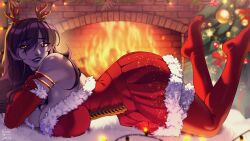 breasts christmas_clothing christmas_headwear christmas_tree fangs hi_res inside looking_at_viewer lying lying_down lying_on_stomach orange_eyes pierced_nipples purple_hair purple_skin vexoria_the_sun_eater