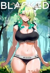 1girls ahoge ai_generated antlers black_bra black_panties blacked blacked_clothing blush braid ceres_fauna earrings flower flower_in_hair forest french_braid green_hair hi_res highres hololive hololive_english hololive_english_-council- horn horns huge_breasts interracial large_breasts light-skinned_female light_skin long_hair looking_at_viewer mole mole_under_eye outdoors pale-skinned_female pale_skin peropero qos qos_clothing queen_of_spades raceplay smile smiling solo sports_bra sportswear standing underwear underwear_only virtual_youtuber