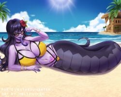 1girls beach flower_in_hair huge_breasts lamia long_tongue meltyvixen snake_girl sunglasses swimsuit tagme tattoo tongue_out twitch vexoria_the_sun_eater virtual_youtuber vtuber