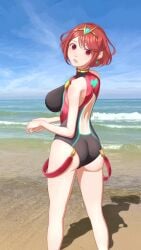 0bullet 1girl 1girls ass beach female female_only nintendo outdoors outside pyra realistic_background red_eyes red_hair sideboob solo swimsuit tagme xenoblade_(series) xenoblade_chronicles_2