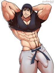 abs bara beefy biceps big_bulge black_hair bulge clothing cocky daddy erection_under_clothes huge_bulge jujutsu_kaisen male male_only manly mature_male muscular_male pecs penis_outline penis_under_clothes tight_clothing toji_fushiguro wolfshirtart