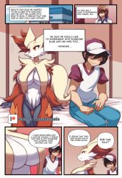 1boy 1girls anthro anthro_female black_hair bray's_mom breasts_bigger_than_head cap comic delphox female fox_ears fox_girl fox_humanoid fox_tail fur furry_ears furry_tail hourglass_figure huge_breasts human_male large_breasts lucyfercomic male milf on_bed pokemon pokemon_(species) red_eyes sitting sitting_on_bed straight t-shirt text text_box text_bubble thick_thighs wide_hips