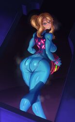 ass ass_expansion ass_focus back_view blonde_hair blue_eyes blush embarrassed metroid samus_aran scifi sideboob skin_tight skinsuit standing steam suit zero_suit zero_suit_samus