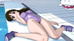 1girls azumanga_daiou bare_thighs cameltoe clothing female folded_arms hand_to_mouth knees_together_feet_apart koikatsu leotard long_hair looking_at_viewer lying lying_down lying_on_back one-piece_swimsuit outside partially_visible_vulva pool poolside pose posing shoes sneakers solo solo_female swimsuit swimwear tagme thighs yukari_tanizaki