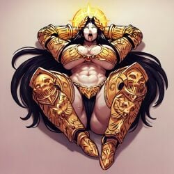 ai_generated armor big_ass big_breasts bikini_armor black_hair blush face_up god-emperor_of_mankind hands_behind_head legs_open long_hair open_mouth rule_63 sweating thick_thighs tongue_out warhammer_40k