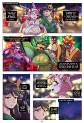 anthro big_breasts black_hair blue_eyes brown_eyes comic dialogue eeveelution english_text gammainks generation_6_pokemon generation_9_pokemon hi_res human japanese_clothes kimono kiwi_(gammainks) male_human/female_anthro nintendo ogerpon pecharunt pokémon_(species) pokemon smiling sylveon text_box very_high_resolution wholesome will_(gammainks)