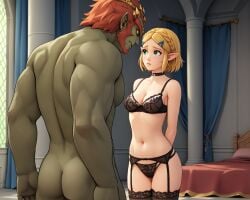 1boy 1girls ai_generated ass bed bedroom blonde_hair bondage bra castle choker clothed_female_nude_male colored_skin elf_ears female french_braid ganondorf garter_straps green_eyes hair_ornament hands_behind_back imminent_sex lingerie looking_at_another muscular_male navel netorare notreallyhere princess_zelda red_hair short_hair sidelocks size_difference standing tears_of_the_kingdom the_legend_of_zelda thighhighs zelda_(tears_of_the_kingdom)