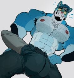 abs absurd_res accident accidental_exposure akachionmain anthro armpit_hair awkward awkward_smile balls_outline beard big_bulge big_muscles big_pecs biped blue_body blue_fur body_hair bottomwear bulge bulge_in_pocket canid canine canis cerulean_(bobby_joe) chest_hair chest_tuft clothing detailed_bulge embarrassed erection erection_under_clothing facial_hair facial_piercing fur genital_outline hi_res huge_arms huge_bulge huge_muscles huge_pecs ill-fitting_clothes lip_piercing male male_anthro male_only mammal muscular muscular_anthro muscular_arms nipple_piercing nipples nose_piercing pants pecs penis_outline piercing pink_nose shocked sideburns solo surprise tight_bottomwear tight_clothing tight_fit tight_pants torn_bottomwear torn_clothing torn_pants tuft unwanted_erection wardrobe_malfunction white_body white_fur wolf yellow_eyes