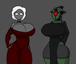 2girls assaultron assaultron_(fallout) beholder_(game) beholder_(series) beholder_2 dress emma_hazer fallout gofman_arts grey_skin huge_breasts huge_cock multiple_girls pelvic_curtain red_dress robot robot_girl tagme white_eyes white_hair