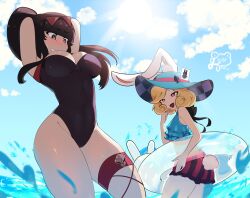 2girls ass ass big_breasts black_eyes black_hair blonde_hair breasts bunny_ears bunny_ears_(cosmetic) bunny_tail cameltoe cleavage duo female female_only finii long_hair louisesait nao_(omega_strikers) omega_strikers one-piece_swimsuit red_eyes short_hair sunglasses swimsuit swimwear thick_thighs two-piece_swimsuit two_piece_swimsuit