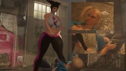 3d alley angry big_breasts black_hair blonde_hair cammy_white implied_futanari juri_han kicking_legs legs multiple_views open_shirt pointing runeiteer seductive_look slipping smug spread_legs standing standing_over street_fighter thick_thighs topless undressing