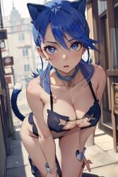 ai_generated blue_angel_(yu-gi-oh) blue_eyes blue_hair cat_ears cat_lingerie cat_tail