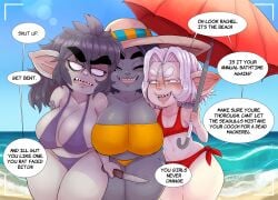 2023 absurd_res age_difference albino beach bianca_(nerdbayne) big_breasts bikini bottomwear breast_size_difference breasts cleavage closed_eyes clothed clothing dated daughter digital_media_(artwork) english_text eye_bags female fingers frown goblin goblin_female grey_body grey_skin group hair hat headgear headwear hi_res holding_knife holding_object holding_umbrella holding_weapon huge_breasts human humanoid humanoid_pointy_ears knife mammal mature mature_female melee_weapon messy_hair midriff milf mitzy_(nerdbayne) mother mother_and_child mother_and_daughter navel nerdbayne not_furry older_female open_frown open_mouth open_smile orange_bikini orange_clothing orange_swimwear outside parent parent_and_child parent_and_daughter pink_eyes pink_tongue profanity purple_bikini purple_clothing purple_swimwear rachel_(nerdbayne) sand seaside shaded sharp_teeth short_stack sibling sibling_rivalry signature sister sisters sky small_breasts smile standing sun_hat swimwear teeth text thick_thighs tongue topwear two-piece_swimsuit umbrella water weapon white_hair younger_female