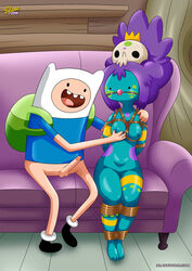 adventure_time arms_behind_back backpack bag ball_gag big_breasts blonde_hair bondage breast_grab feet female finn_the_human gag gagged human jungle_princess male pale_skin rope_bondage slavetoon