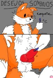 anxious blue_pen blush blush_lines comic coquetell digital_media_(artwork) dot_eyes fluffy_balls fur furry furry_balls furry_only male male_only masturbation object_insertion orange_fur pen penis_insertion pervert portuguese_text secret simple_background smile smiling trembling white_balls white_belly white_hands youtube youtuber youtuber_boy