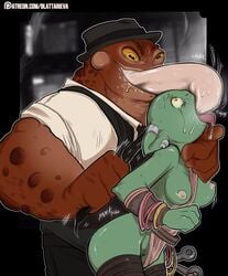 1girls blattarieva breasts extreme_french_kiss female female_only frog goblin goblin_female green_skin nipples no_humans pubic_hair solo tears tongue_in_mouth
