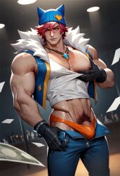 1boy ai_generated bulge cocky gay gloves heartsteel_series heartsteel_sett league_of_legends looking_at_viewer looking_down looking_down_at_viewer low-angle_view male male_only muscular necklace pants_down penis sett smile smiling_at_viewer solo solo_male tagme tight_clothing underwear wankyc yaoi