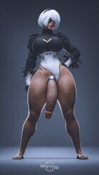 1futa 3d big_breasts blindfold breasts clothing cock_ring futa_only futanari grvty3d hairband huge_cock light-skinned_futanari light_skin nier nier:_automata penis short_hair solo standing thick_penis thick_thighs white_hair yorha_2b