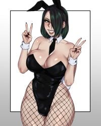 1futa big_breasts black_fingernails breasts bulge bunny_ears bunny_tail bunnysuit clothed clothing commission dark_green_hair detached_collar double_v fishnet_pantyhose fishnets freckles futa_only futanari green_eyes green_hair hair_over_one_eye hi_res human light-skinned_futanari light_skin lilly_(gmareh32) looking_at_viewer necktie partially_clothed smiling smiling_at_viewer solo standing succuboos teeth_showing thick_thighs v_sign wrist_cuffs