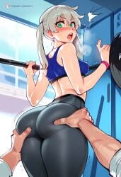 1boy adult_swim ai_generated ass ass_grab blonde_hair female from_below green_eyes gym maka_albarn novelai pov small_breasts soul_eater surprised thiccwithaq_(ai_style) thick_thighs toonami weights