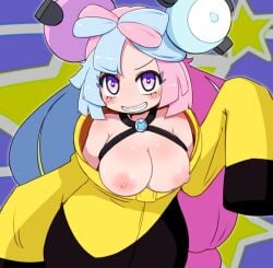 1girls alternate_breast_size bare_shoulders big_breasts black_jacket blue_and_pink_hair blue_hair blush bow-shaped_hair breastless_clothes breastless_shirt breasts breasts_out character_hair_ornament chibi chibi_style cleavage clenched_teeth collarbone creatures_(company) erect_nipples exposed_breasts exposed_chest exposed_nipples exposing_self eye_contact female female_focus female_only flashing game_freak gen_1_pokemon gym_leader hair_ornament hanging_breasts huge_breasts iono_(pokemon) jacket jitoryomaster large_breasts light_blue_hair long_hair long_sleeves looking_at_viewer magnemite makino_nono miyazero multicolored_clothes multicolored_hair multicolored_jacket nintendo no_bra no_shirt oversized_clothes oversized_hoodie pink_hair pokemon pokemon_(game) pokemon_sv presenting puffy_areolae puffy_nipples purple_eyes revision screw sharp_teeth shooting_star showing_off showing_off_breasts simple_background sleeves_past_fingers sleeves_past_wrists smile solo split-color_hair star_(symbol) starry_background straps_across_chest sweat symbol_in_eye teeth third-party_edit toothy_grin toothy_smile twintails two-tone_hair two-tone_jacket two_tone_hair v-shaped_eyebrows yellow_jacket